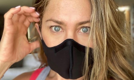 Jennifer Aniston posts on her Instagram account using the hashtag #wearadamnmask