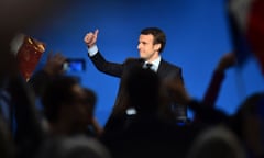French presidential election candidate for the "En Marche" movement Emmanuel Macron gives his thumbs up during a campaign meeting, on March 4, 2017, in Caen, northwestern France. / AFP PHOTO / JEAN-FRANCOIS MONIERJEAN-FRANCOIS MONIER/AFP/Getty Images