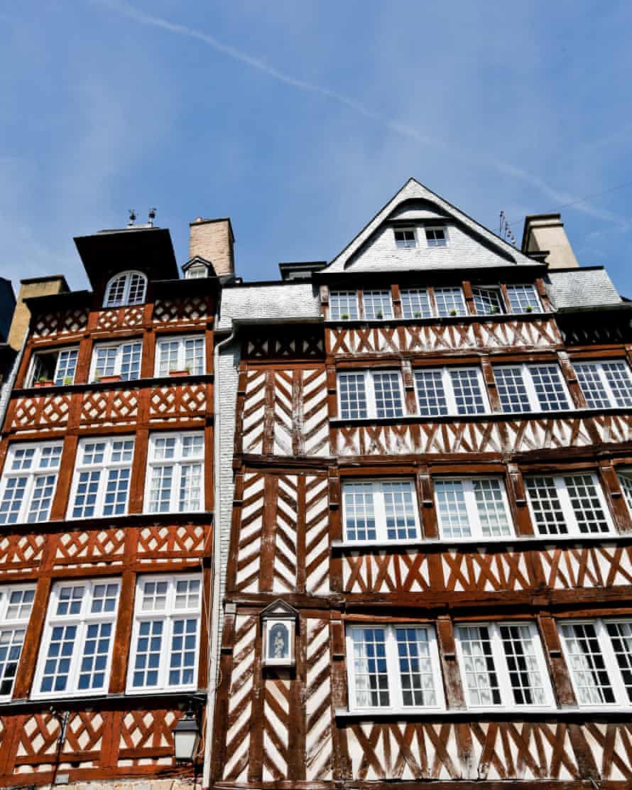 Half-timbered houses in the square Place du Champ Jacquet, in the historic centre of Rennes.