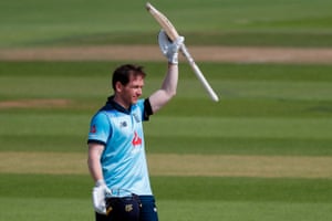 England’s Eoin Morgan reacts after reaching his century.