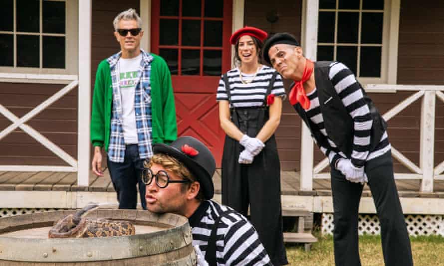 Snake's alive … Sean McInerney (front) with (l-r) Johnny Knoxville, Rachel Wolfson and Steve-O.