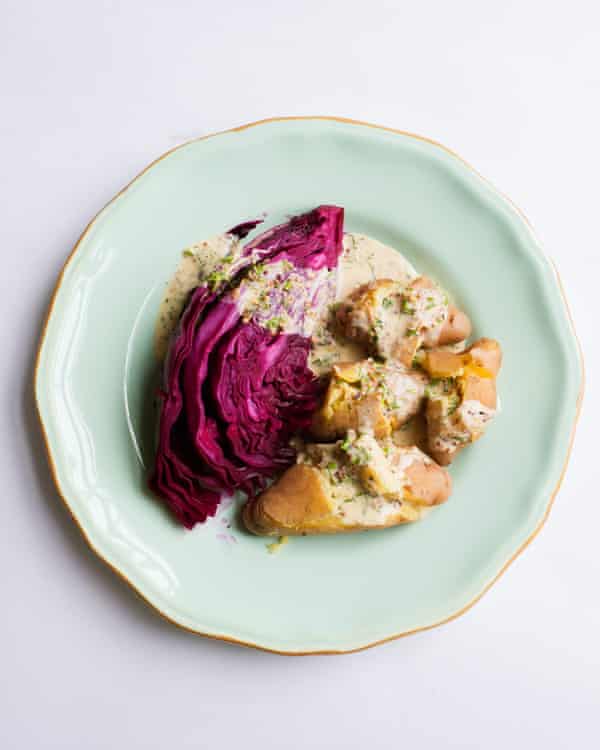 Nigel Slater’s red cabbage with cider and steamed potatoes.