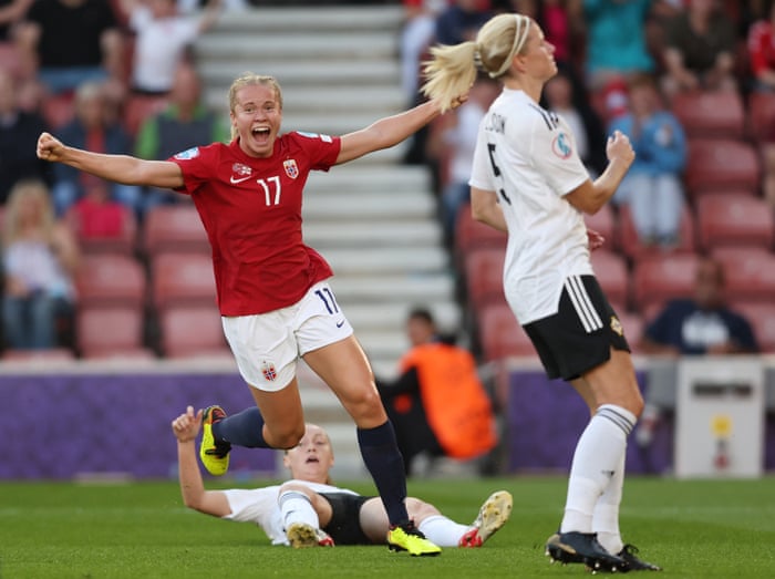 Julie Blakstad of Norway wheels away in celebration after opening the scoring.