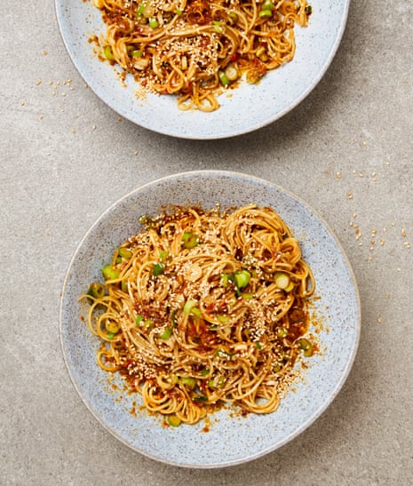 Yotam Ottolenghi's kalbi butter noodles, with spring onions and sesame seeds.
