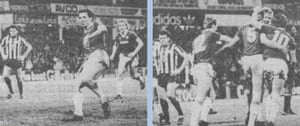 Alvin Martin completes his hat-trick with a penalty and then celebrates with Paul Goddard, Frank McAvennie and Tony Cottee.