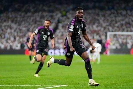 Bayern's Alphonso Davies celebrates after scoring his side's opening goal against Real Madrid.