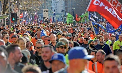 Building and construction workers march during a rally in Melbourne in 2017.