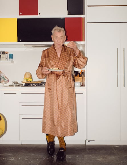 At home: Sir Ian McKellen wears silk robe by SS Daley (matchesfashion.com), socks by londonsockcompany.com and mules by russellandbromley.co.uk.