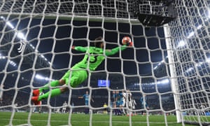 Jan Oblak fails to keep Cristiano Ronaldo’s header from crossing the goal line.