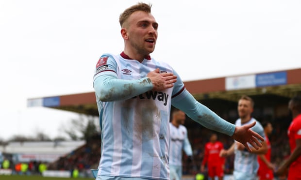 West Ham’s Jarrod Bowen celebrates after his late goal in extra time sinks Kidderminster.