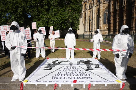 Campaigners from Christian Concern staging a protest against the assisted dying bill outside Westminter Abbey, near the Houses of Parliament, today.