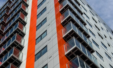 The Mast Quay development in Woolwich, close-up of a tall towerblock.