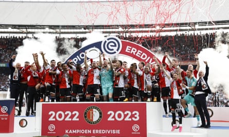 A Feyenoord team including Oussama Idrissi and coached by Arne Slot celebrate the Dutch title won last season.