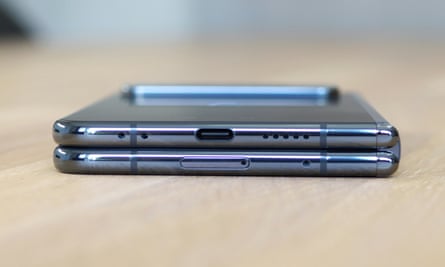 The USB-C port on the bottom of the closed Google Pixel Fold.
