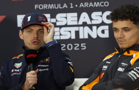 Max Verstappen and Lando Norris talk to the press pre-season testing