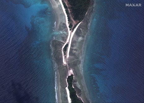 Maxar satellite images show a new road causeway on the southern end of Great Coco island, Myanmar