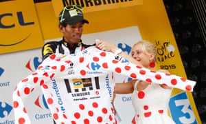 Daniel Teklehaimanot of Eritrea put on the polka dot jersey during the 2015 Tour de France.