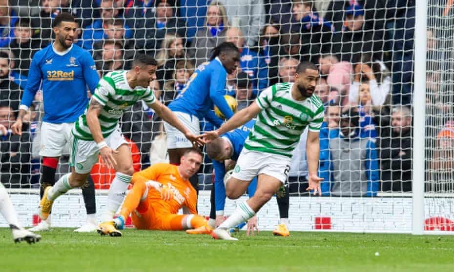 Cameron Carter-Vickers runs off to celebrate after scoring what turned out to be the winner for Celtic in the Old Firm derby against Rangers.