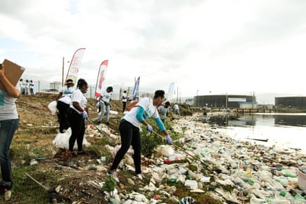Clearing plastic pollution from the banks.