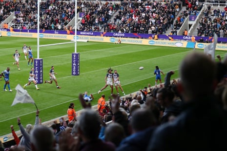 A general view as Dom Young of England celebrates scoring his team’s second try.