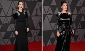 Composite of Sarah Paulson and Salma Hayek, seen on Diet Prada with the caption: ‘Lol oops. Last night at the #GovernorsAwards . Different dresses, but too similar to ignore 😶. Who wore it best? Sarah Paulson in @miumiu or Salma Hayek Pinault in @gucci ? #miumiu #gucci #miucciaprada #alessandromichele #black #silk #crystals #hollywood #glamour #sarahpaulson #salmahayek #whoworeitbetter #ootd #wiwt #dietprada’