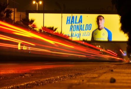 A January 2023 billboard about a road welcomes Cristiano Ronaldo to Saudi Arabia