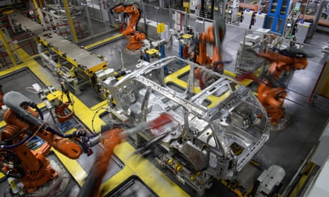 Automated production at the Jaguar Land Rover factory in Solihull, England. 