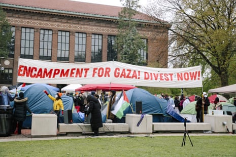 a banner reads "Encampment for Gaza! Divest now!"