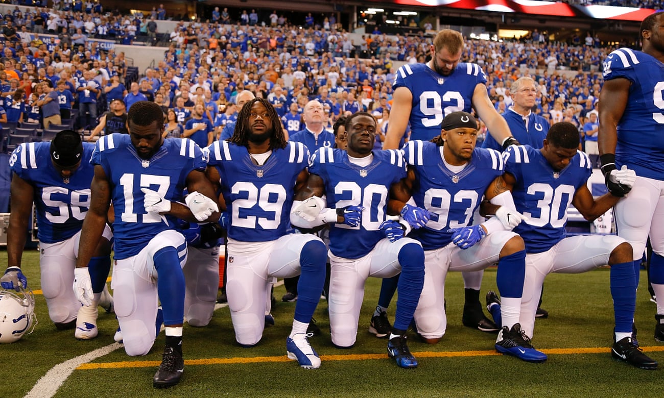 Indianapolis Colts players kneeling for the national anthem on Sunday.