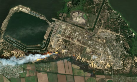 Aerial view of fires around the site of the Zaporizhzhia nuclear power plant on Wednesday.