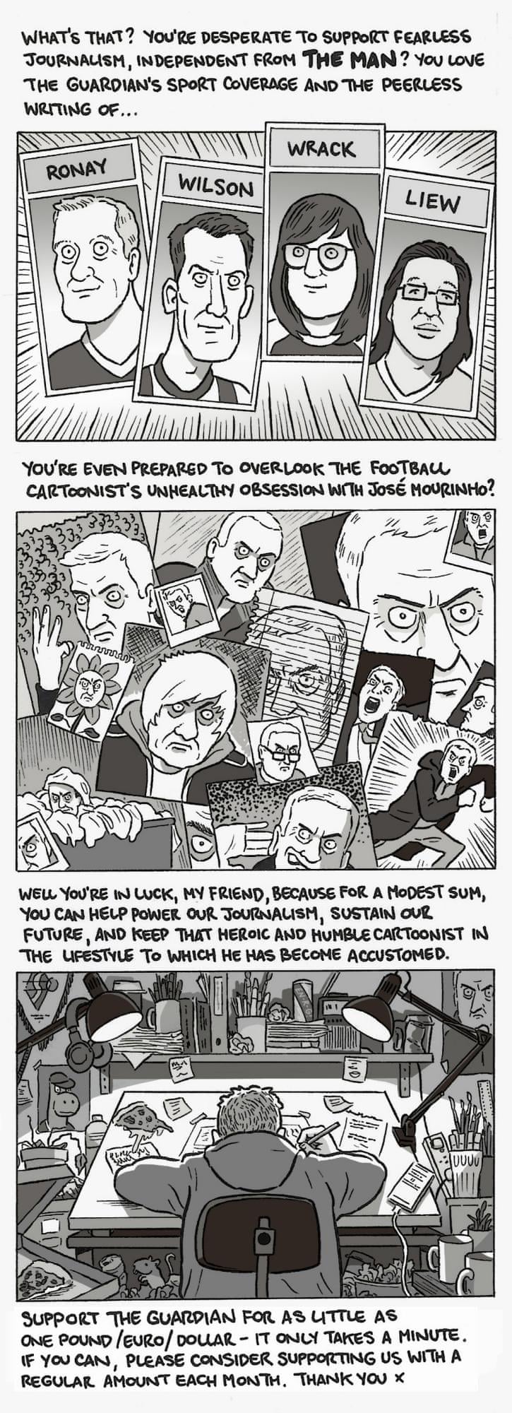 Image of a cartoon strip by David Squires, asking if you would be willing to help support the Guardian