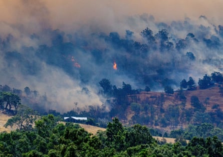Smoke rises from a burning forest on a hillside
