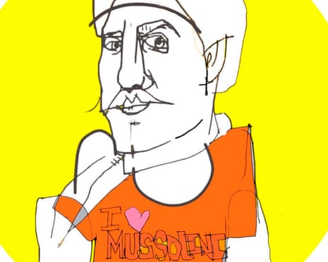 Illustration of a man sitting cross-legged wearing I Love Mussolini T-shirt