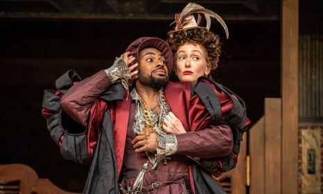 A great line in comic yelps … Michael Elcock and Phoebe Naughton in The Comedy of Errors at Shakespeare's Globe