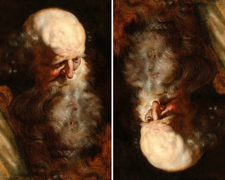 Bearded old man, looking down to his left, circa 1609. Oil on paper. Composite of original painting and version rotated 180 degrees to show hidden trace of a painting of a woman peaking through the man’s beard