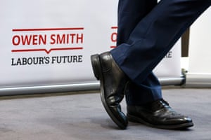 The shoes of the Labour party leadership contender Owen Smith are seen as he speaks at a press conference in London.