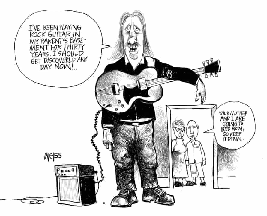 cartoon of middle-aged man with guitar