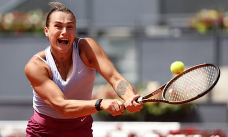 Aryna Sabalenka plays a backhand against Mayar Sherif of Egypt during the Women's Singles quarter-final match at the Madrid Open.