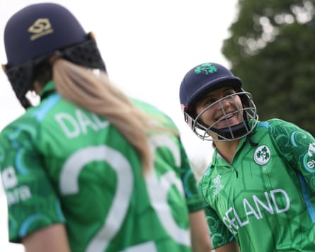 Amy Hunter and Alana Dalzell, the Ireland cricketers, walk out to bat during her team’s Women’s T20 World Cup warm-up game against Bangladesh in Loughborough.
