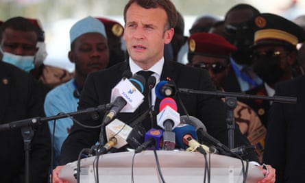 Emmanuel Macron delivers a speech during Déby’s funeral.