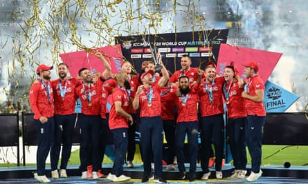 England players celebrate winning the Pakistan v England Mens T20 Cricket World Cup Final match at the Melbourne Cricket Ground on 13 November 2022.