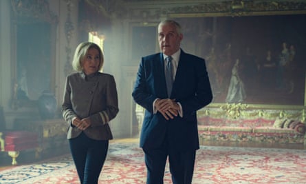 Gillian Anderson as Emily Maitlis and Rufus Sewell as Prince Andrew, in Scoop.