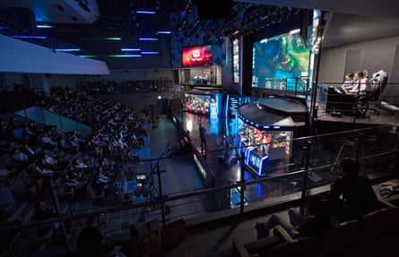 Fans watching the League of Legends eSports match between Rox Tigers and SK Telecom at the Seoul eSports Stadium.