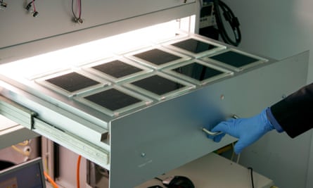 Rack of perovskite solar cells modules developed by Australian company Dyesol