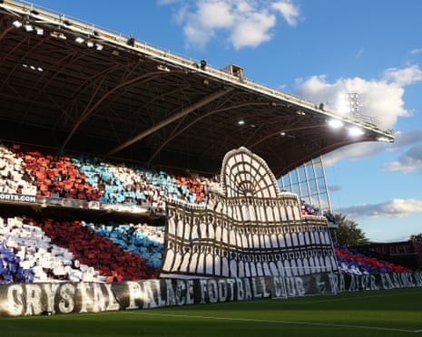A tifo depicting the Crystal Palace Exhibition building, in August 2022.
