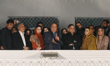 Pakistan's former prime minister Nawaz Sharif speaking in Lahore on 9 February 2024.