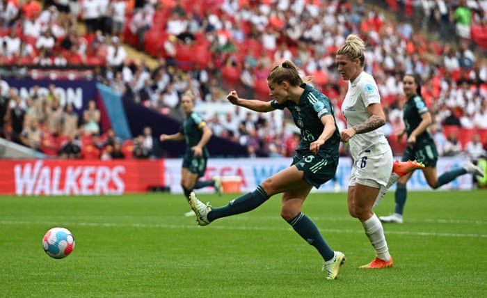 Tabea Wassmuth with an effort at goal following a Millie Bright error.