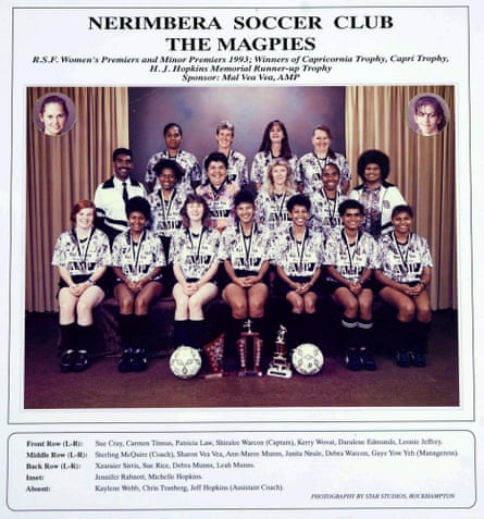 Nerimbera Magpies women’s football team, 1993. Sterling McQuire is far left, middle row. 