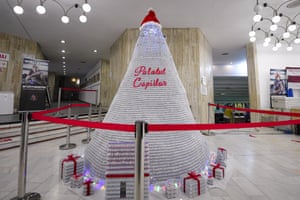 A Christmas tree made of empty Covid vaccine containers at a vaccination center in Bucharest, Romania.