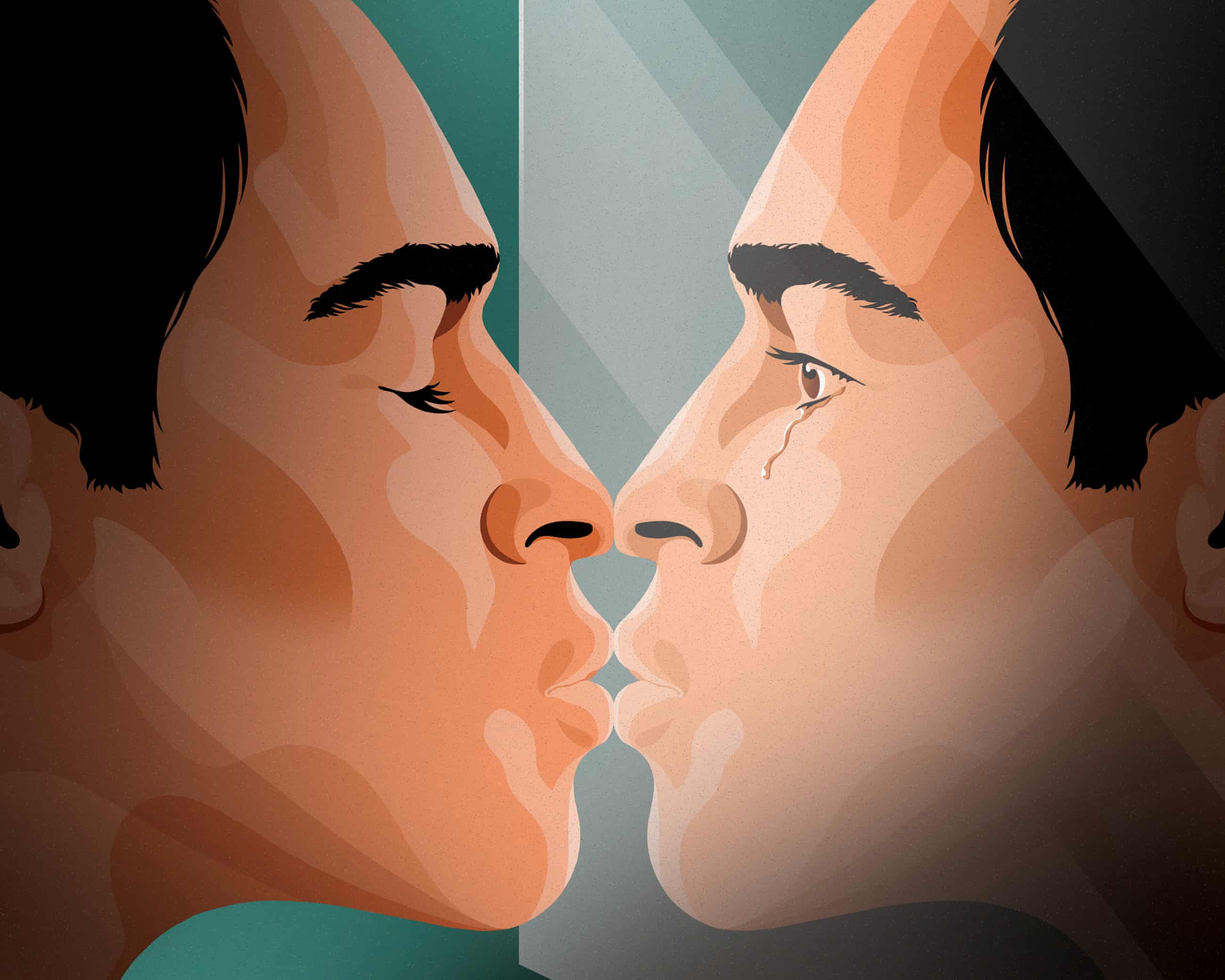 An illustration of a close up of a man in profile kissing his own lips in his reflection